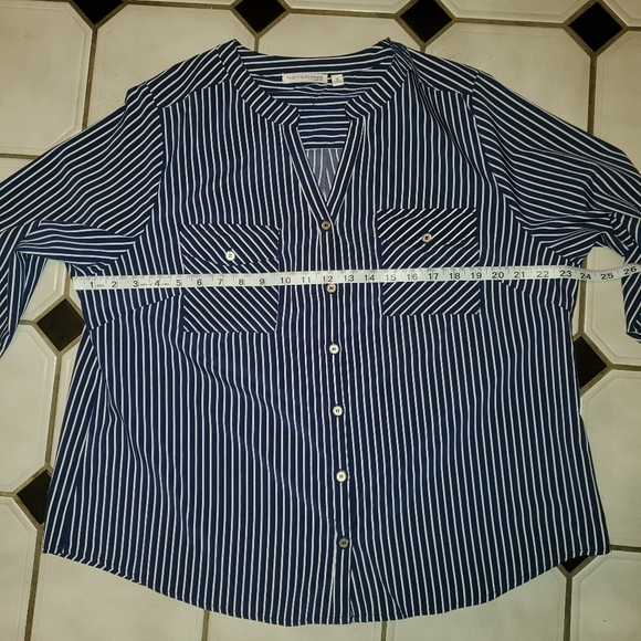 Notations Woman Roll Tab Sleeve Striped Button Down, Size: 1X, Navy & White - Picture 9 of 12